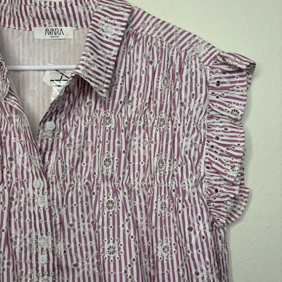 Avara Eyelet Ruffle Sleeve Purple Stripe Dress NWT - Picture 2 of 10